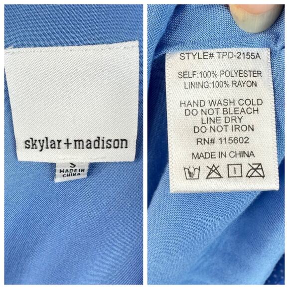 Skylar and Madison Blue Cut Out Tie Front Mini Dress White Microdot Size Small - Picture 7 of 7